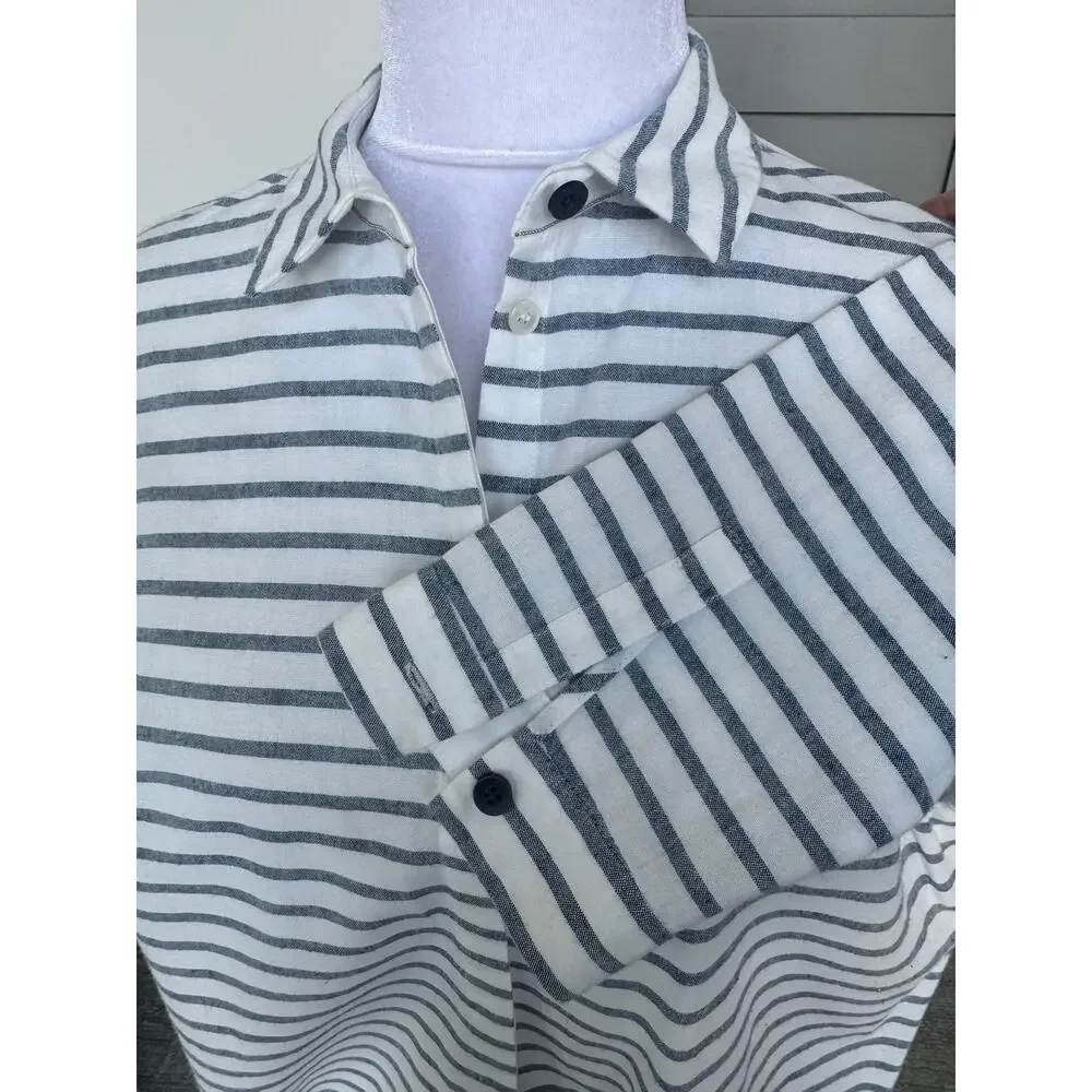 Lafayette 148 New York Button Down White Blue Stripe Tunic Small S Cotton Linen - Picture 7 of 10